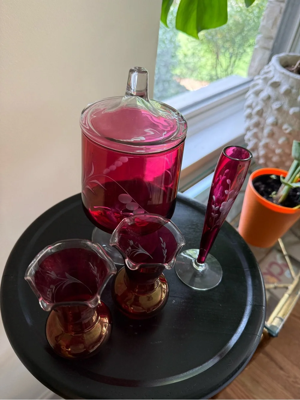Ruby Red Etched Glass Pedestal Candy Jar and Vases Set